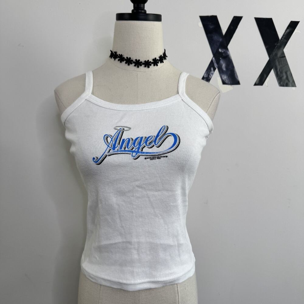 Vintage 90s Y2K Cropped Cami Top Angel Graphic Script Halo Indie Sleaze NWOT L